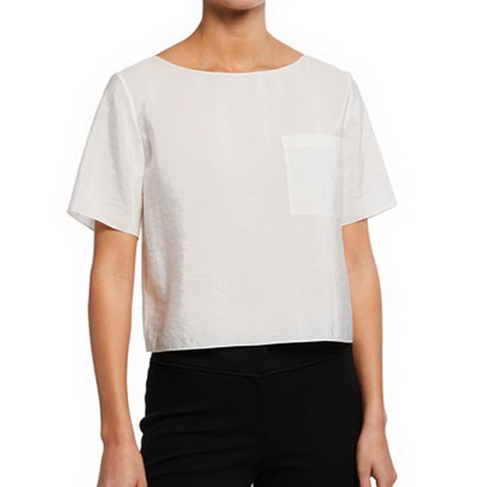 NEW Theory Voyage Fluid Silk Pocket Tee, P, Off White, Minimalist Luxe Essential